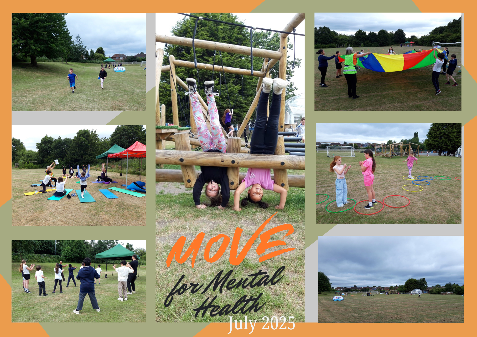 Range of photos of children enjoing the move for mental health event - yoga, tai chi, running, parachute games - all outdoors.